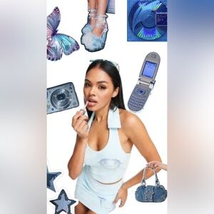 ASYOU Terrycloth Mini Skirt + Halter Crop with Dolphin Graphic Hot Fix in Blue